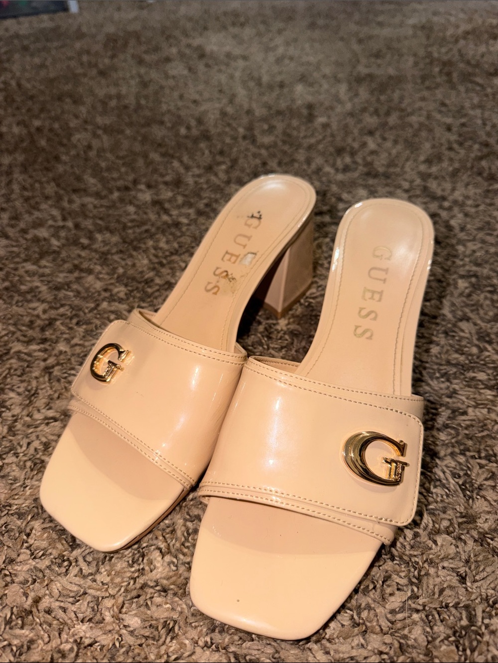 GUESS Nude Patent Slide Mules with Gold G Accent